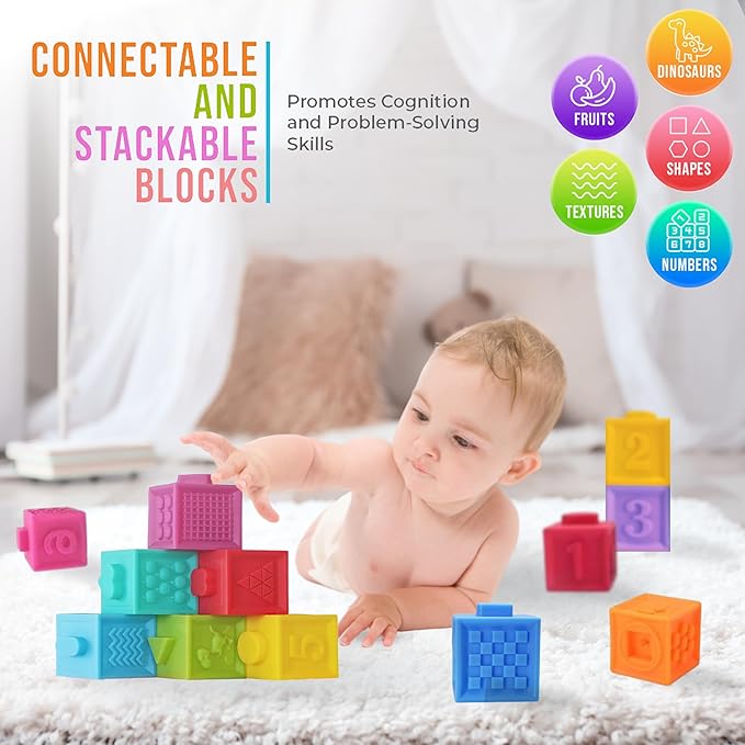 Montessori Silicone Teething Toys for Babies 6 Months + Sensory Developmental Educational Baby Toys Infants & Toddlers - Building Blocks, Stacking Rings (24 Pieces)