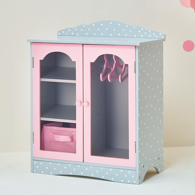 Olivia's Little World Polka Dot Princess Wooden Shaker-Style Double Closet for 18" Doll Wardrobes with Windowed Doors, Three Shelves
