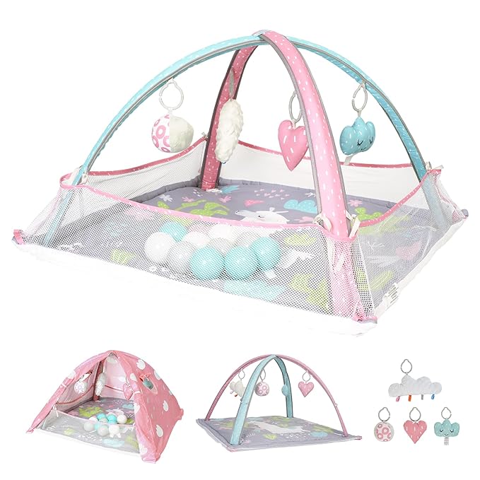 LADIDA Baby Play Gym, 3 Stage Activity Mat with Ball Pit Dome and STEM-Based Toys for Sensory and Motor Skill Development 10 Colorful