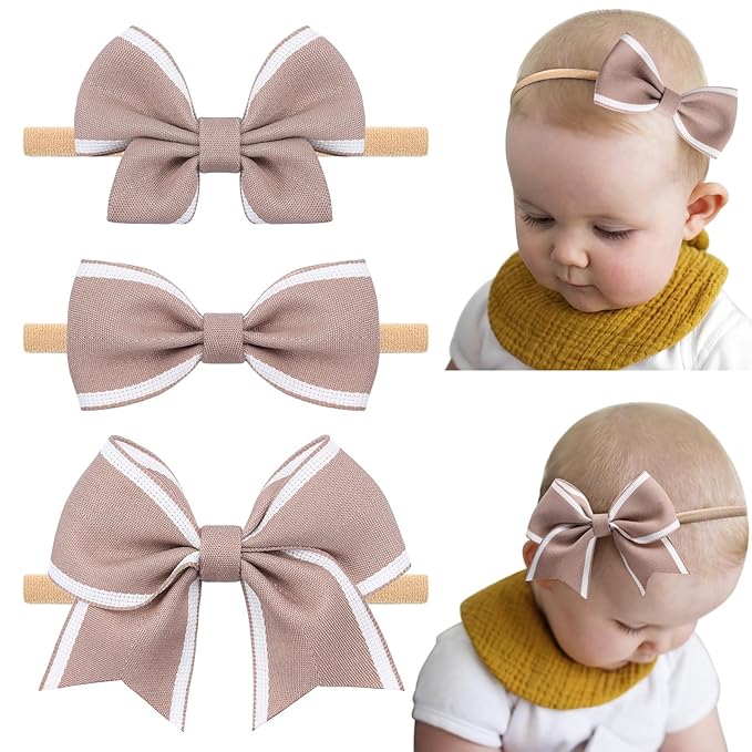 4" Baby Bows, 3pcs Elastic Nylon Headbands Handmade Newborn Bows