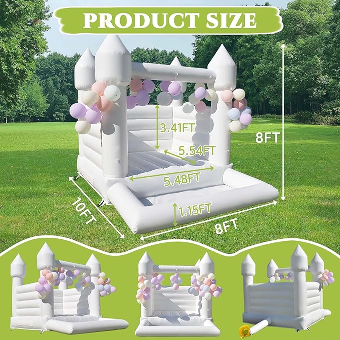 White Bounce House with Ball Pit 10x8x8 FT Inflatable Indoor 3-12,PVC White