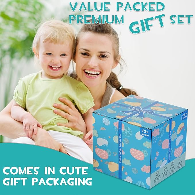 HELLOWOOD Wooden Activity Cube, 8-in-1 Montessori Toys for 1+ Year Old Boys & Girls 1-2, First