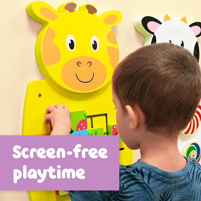 SPARK & WOW Giraffe Activity Wall Panel - Ages 18m+ - Montessori Sensory Wall Toy - Puzzle Activity - Busy Board - Toddler Room Décor