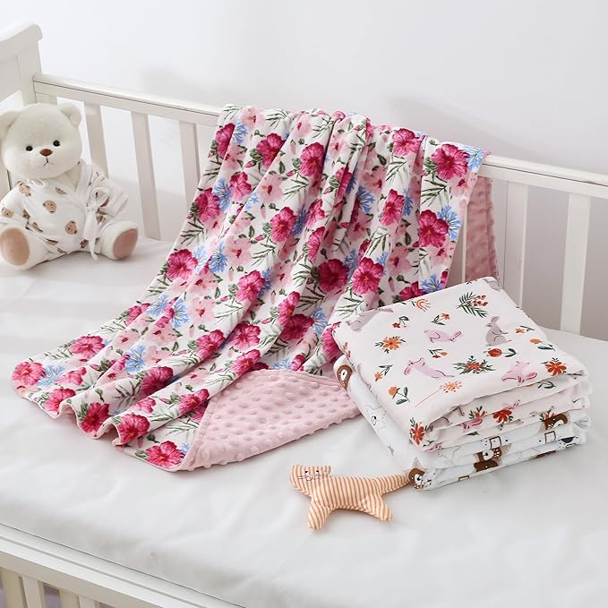 DaysU Silky Micro Soft Plush Baby Blankets for Girls with Print Pattern and Soothing Raised Dots, Double Layer Bed Throws for Baby Crib 30x40 Inches