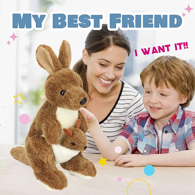 Hopearl Kangaroo Mama and Baby Joey Stuffed Animal Soft Plushie Toy Jungle Baby Shower Nursery Décor Zoo Animals for Toddlers Adorable Stuffed Kangaroos Gifts for Kids Boys Girls, Brown 11.5''