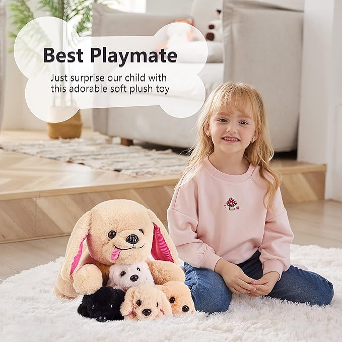 IKASA Mommy Dog Labradoodle Stuffed Animal Mom and Baby Plush Toy,Cute 17" Soft Small Mama Puppy Family Set Toy with Little Babies