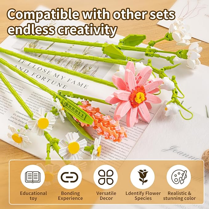 Flower Bouquet Building Blocks Set - Artificial Flowers with Gerbera for Home Decor, Unique Gift for Her or Him for Anniversary Valentine Birthday