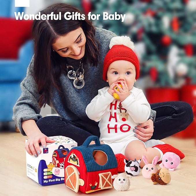 hahaland Baby Toys 6-12 Months - Surprise Barn with Stuffed Farm Animals, Rattle 1-3