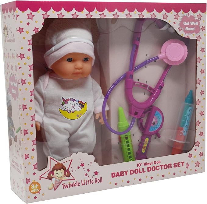 10" Baby Doll Doctor Set for Kids- Toy Nurse Kit for Toddler, Little Girl – Playset Pack with Checkup Accessories & Newborn Doll in Unicorn Hospital Clothes