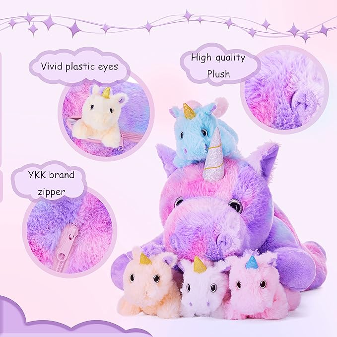 IKASA Mommy Unicorn Toys for Girls Age 4-6,Mom and Baby Stuffed Animal Plush Toy,Small Family Set Toy with Little Babies (Unicorn,18")