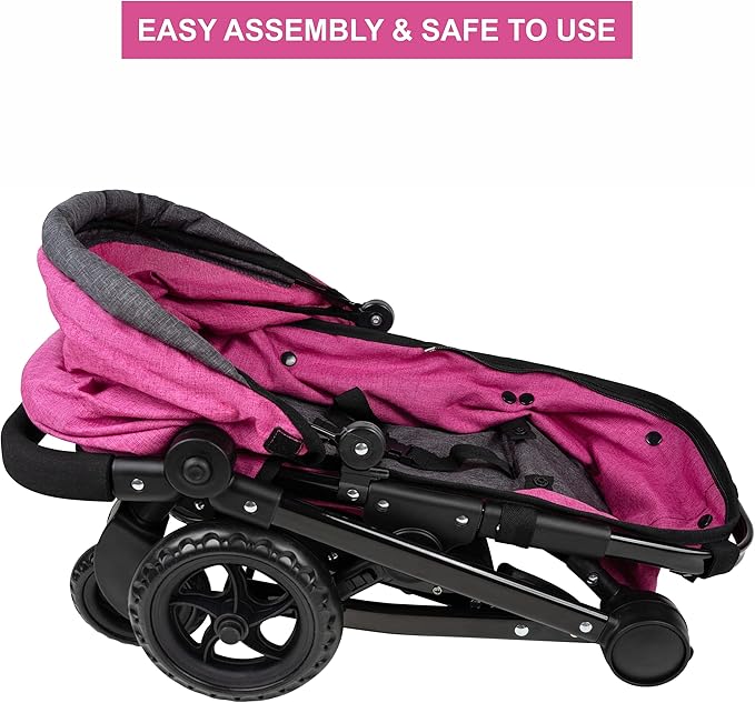 Fash n Kolor Baby Doll Stroller My First Foldable Doll Stroller in Denim Hot Pink Design, Bassinet Stroller with Baby Doll Adjustable Handle