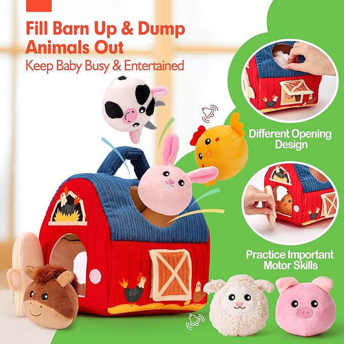 hahaland Baby Toys 6-12 Months - Surprise Barn with Stuffed Farm Animals, Rattle 1-3