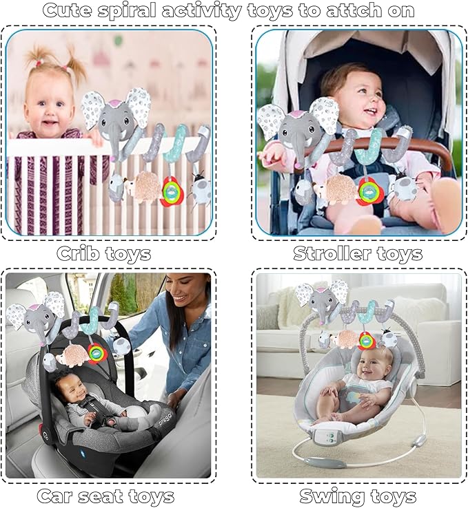 Baby Car Seat Toys, Hanging Stroller Toys for Baby 0-6 Months Infants Activity Spiral Toys with Musical Owl Rattles Hedgehog Beep Ladybug Squeaker - Gray Elephant Toys for Newborn Baby 0 3 6 12 Months
