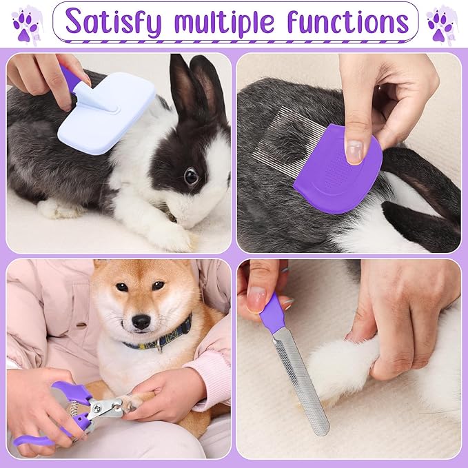 VCZONE 8 Pcs Small Animal Pink Grooming Kit, Rabbit Grooming Kit with Pet Nail Clipper and File, Flea Comb, Pet Shampoo Bath Brush , Pet Shedding Slicker Brush, Bath Massage Glove, Cleaning Comb