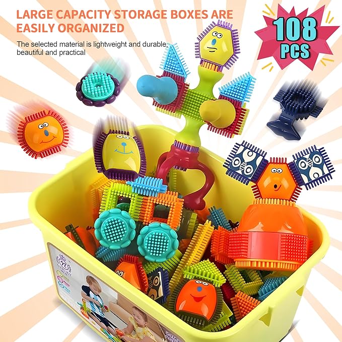 Bristle Blocks, STEM Interlocking Building Toys for Kids Ages 4-8 108 PCS 3D Building