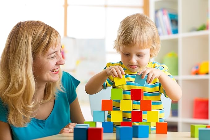 Pidoko Kids Wooden Blocks - 100 Pcs - Building Blocks for Toddlers - Includes Storage Container with Shape Sorter Top - Hardwood Plain & Colored Wood Blocks - Preschool Block Learning Toys
