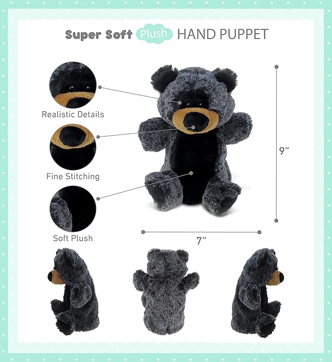 DolliBu Black Bear Plush Hand Puppet for Kids - Soft Plush Stuffed Animal Hand Puppet Toy, Puppet Show Games Puppet Theaters for Kids