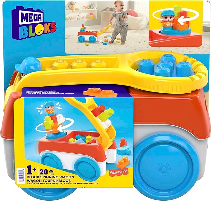 Mega BLOKS First Builders Toddler Building Toy Set, Block Spinning Wagon with 20 Pieces and Storage 1 Figure, 1+ Years