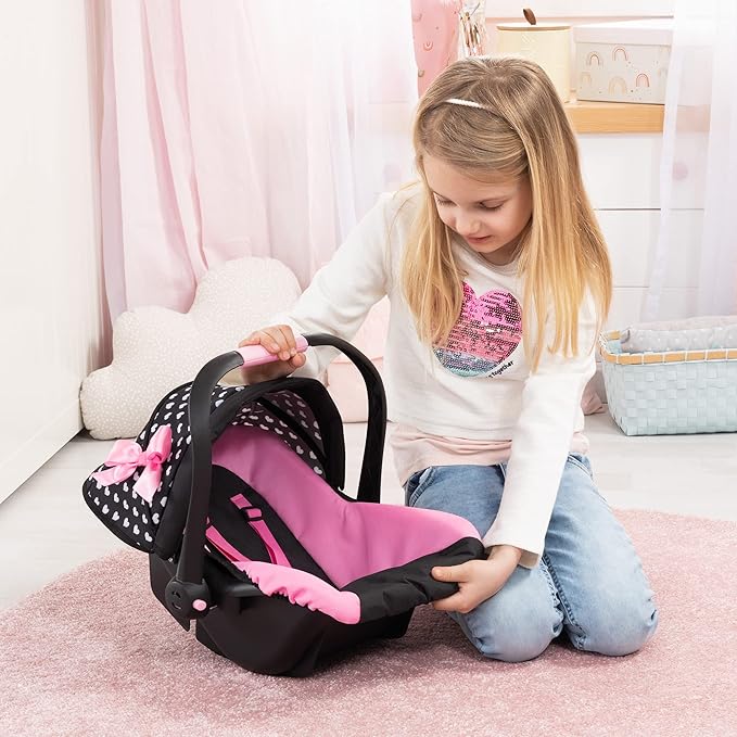 Bayer Design Dolls: Deluxe Car Seat: Hearts Black & Pink - Pretend Play Accessory for Dolls/Plushes Up to 18", Ages 3+