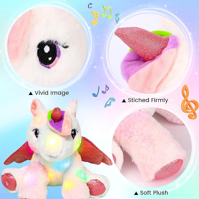 Hopearl LED Musical Stuffed Unicorn Adorable Lighting Up Singing Plush Toy Adjustable Volume Lullaby Animated Soothe Birthday Festival for Kids Toddler Girls, White 11''