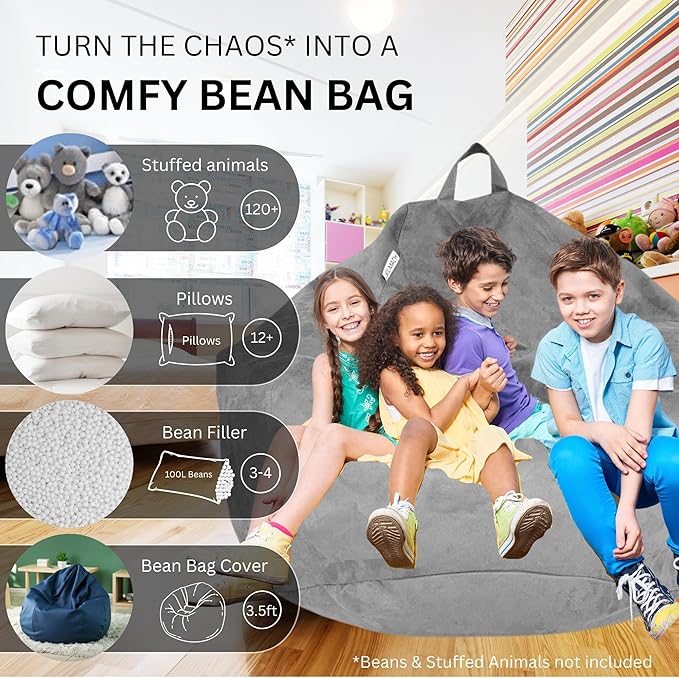 Bean Bag Chair Cover 3.5 ft (No Filler) | XL Stuffed Animal Storage | Double Stitched | Long Durable Zipper | Premium Microsuede