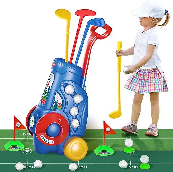 Toddler Golf Clubs Set with Putting Mat,Kids Golf Cart Toys for 3 4 5 Years Old Boys Girls