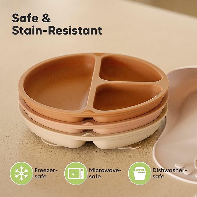 KeaBabies Suction Plates for Baby, Toddler - 3-Pack 100% Silicone Toddler Plates, Divided Baby Plates with Suction, Silicone Plates for Baby, Kids, BPA-Free, Microwave, Dishwasher Safe (Terracotta)