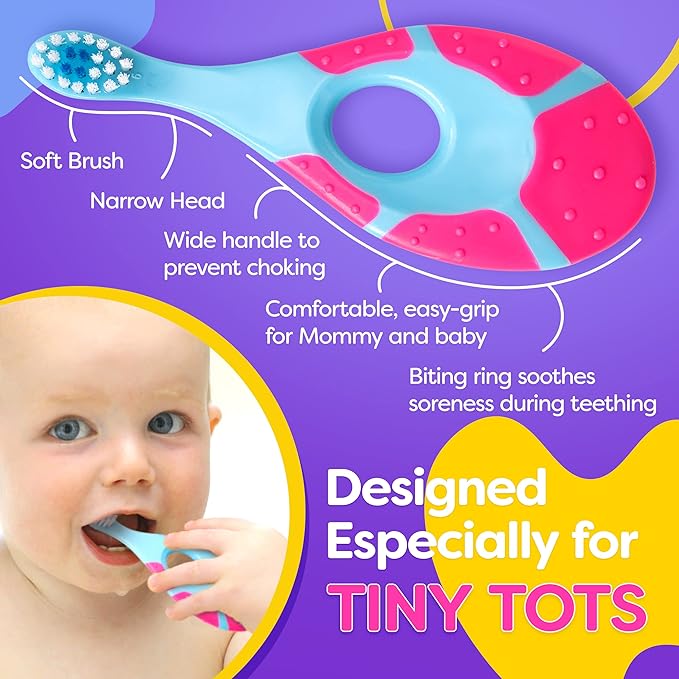 Baby Toothbrush 4 Pack, Toddler Toothbrush Age 1-2 & Bonus Silicone Finger Brush, Soft Bristles, Toddler Toothbrushes, Infant & Training w/Teething Handle, 0-2 Years, Multi Color Set