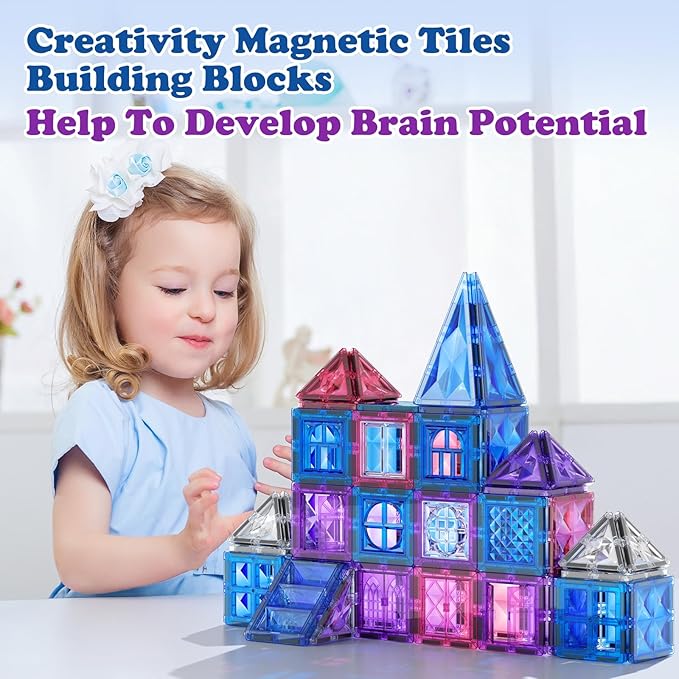 Magnetic Tiles Frozen Toys, Ice World Dimond Princess Castle 60Pcs Magnet Tile Building Blocks for Toddler Age 1-3,3-5, Pretend STEM Learning, for Kid Girls Boys 3 4 5 6