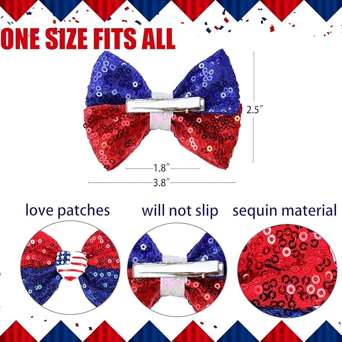 4th of July Sequins Hair Bows Clips Blue Glitter Alligator