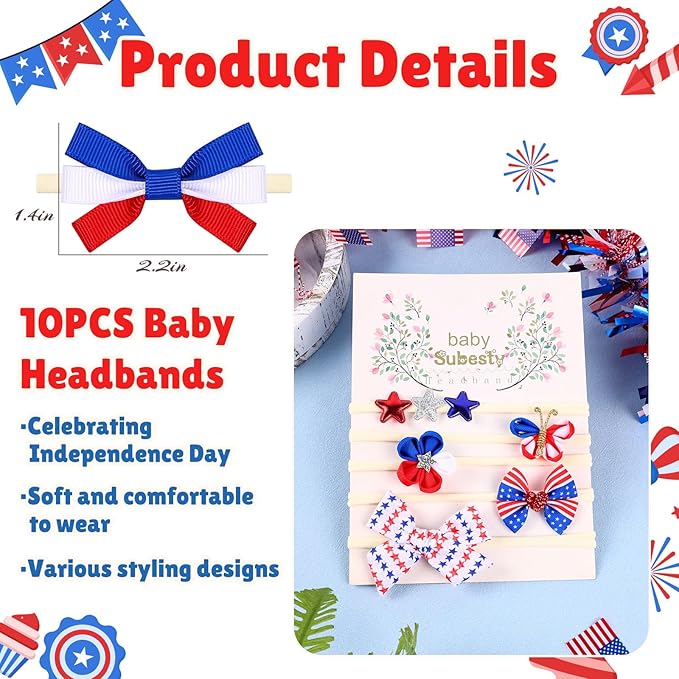 4th of July Baby Girl Bows, 10pcs America Flag Elastic Nylon Baby Headbands