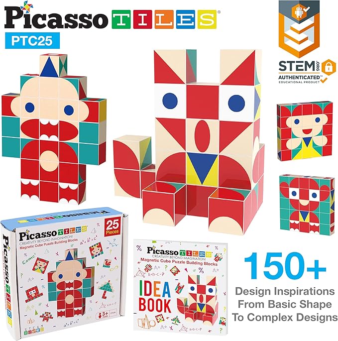 PicassoTiles Infinite Magnetic Puzzle Magic Cube Easy-Connect Brain Teaser Toy 150+ Inspirations Age3+ PTC25