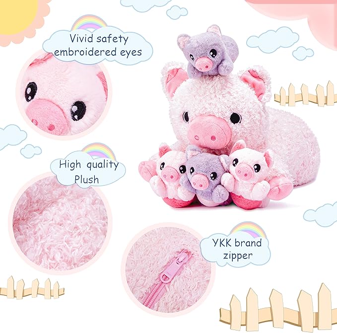 IKASA Mommy Pig Stuffed Animal Mom and Baby Plush Toy,Cute 16" Soft Small Fluffy Mama Family Set Toy with Little Mini Babies