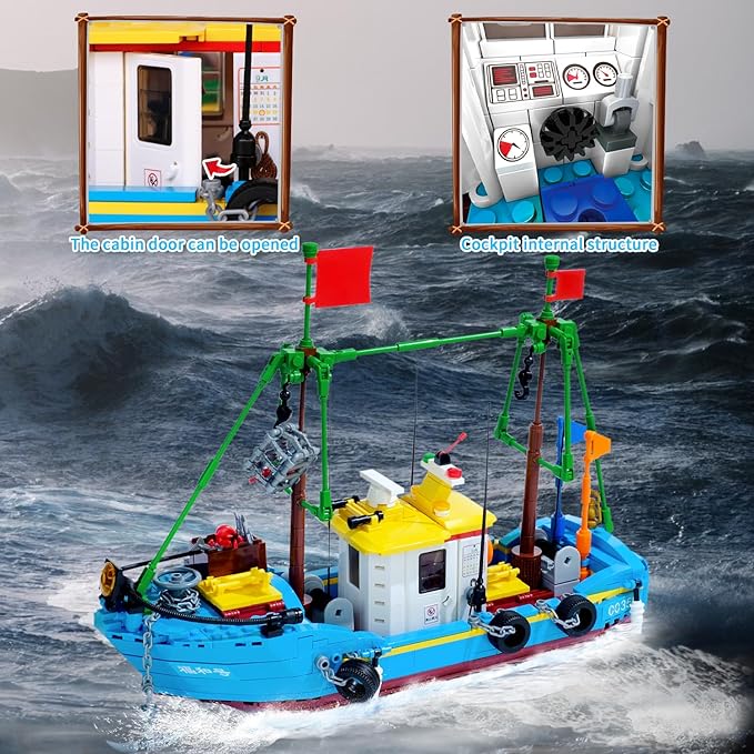 Fishing Boat Building Blocks Sets, Pirate Ship Sea Fishing Building Block Toy Set Collection Show, Creative Gifts Toys for Boys and Girl Ages 6-12 Years Old and up, 645 PCS