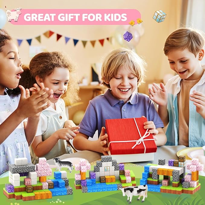 Magnetic Blocks 110PCS with 6 Animal Toys, Building Blocks Set, Toys for Boys & Girls Age 4-6,6-8, STEM Montessori Stacking Building Toys for Toddlers Kids 3+(Cherry & Animal)