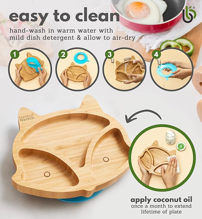 Bamboo Baby Plate with Suction - Kids and Toddler Suction Cup Plate for Babies, Non-toxic All-Natural Bamboo Baby Food Plate Stays Cool to the Touch for Baby-Led Weaning (Fox-Green)