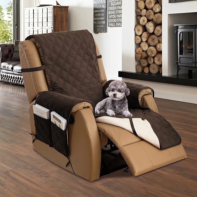 TOMORO Non-Slip Quilted Recliner Cover, 100% Waterproof Recliner Chair Slipcover Furniture Protector with Pockets, Washable Couch Cover with Elastic Straps for Kids and Pets,23 Inch