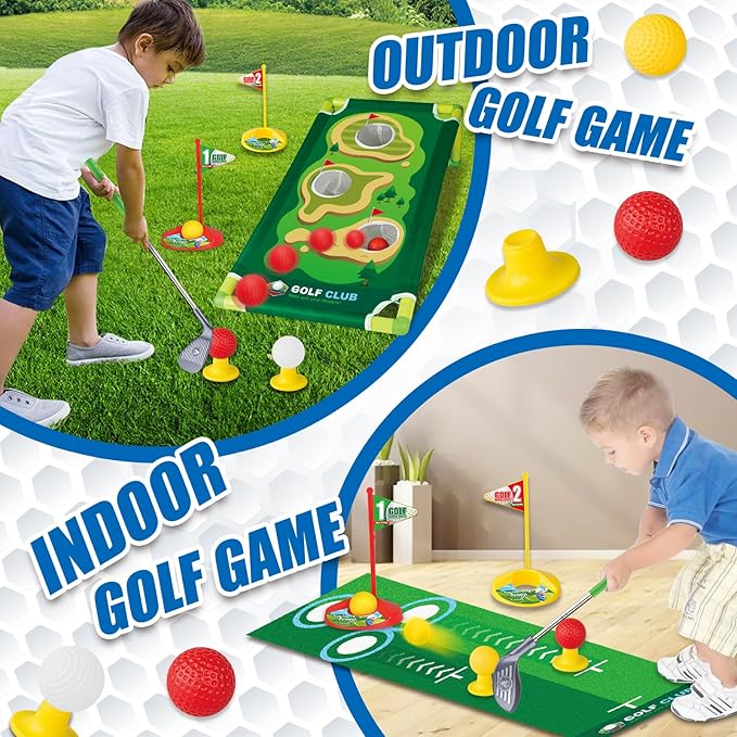 Toddler Golf Clubs Length Adjustable, Upgraded Kids Golf Toy Set with Golf Cornhole 2 3 4 5 6 Year