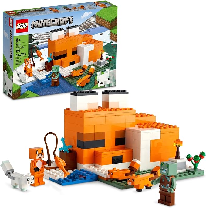 LEGO Minecraft The Fox Lodge House 21178 Animal Toys with Drowned Zombie Figure, Birthday Gift for Grandchildren 8 and