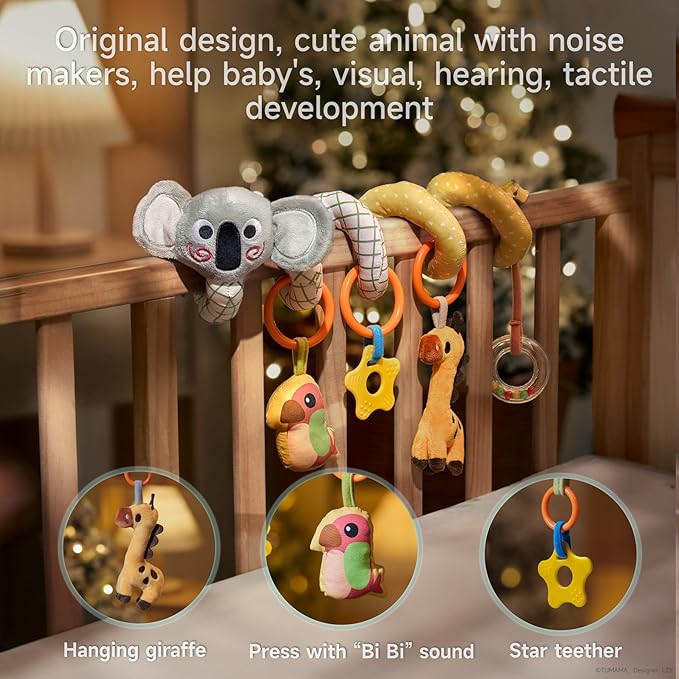 TUMAMA Spiral Car Seat Toys Baby Toys for 0 3 6 9 12 Months, Infant Stroller Toy Newborn Hanging Toys with Rattle, Teether