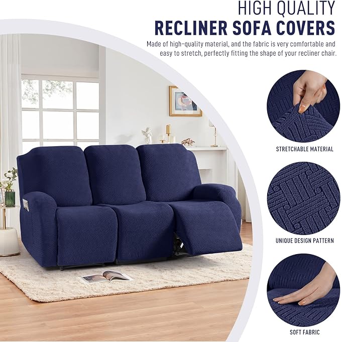 KinCam Recliner Covers, Stretch Reclining Chair Covers, Recliner Sofa Slipcovers Stripe Jacquard Recliner Couch Covers Furniture Protector Covers for Pet Kid (3 Seater, Dark Blue)