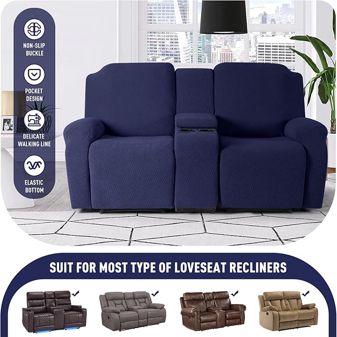 KinCam Loveseat Recliner Covers with Middle Console Slipcover, Recliner Sofa Covers 2 Seat Couch Cover Stripe Jacquard Furniture Protector Covers with Elastic Bottom for Kids, Pets (Dark Blue)