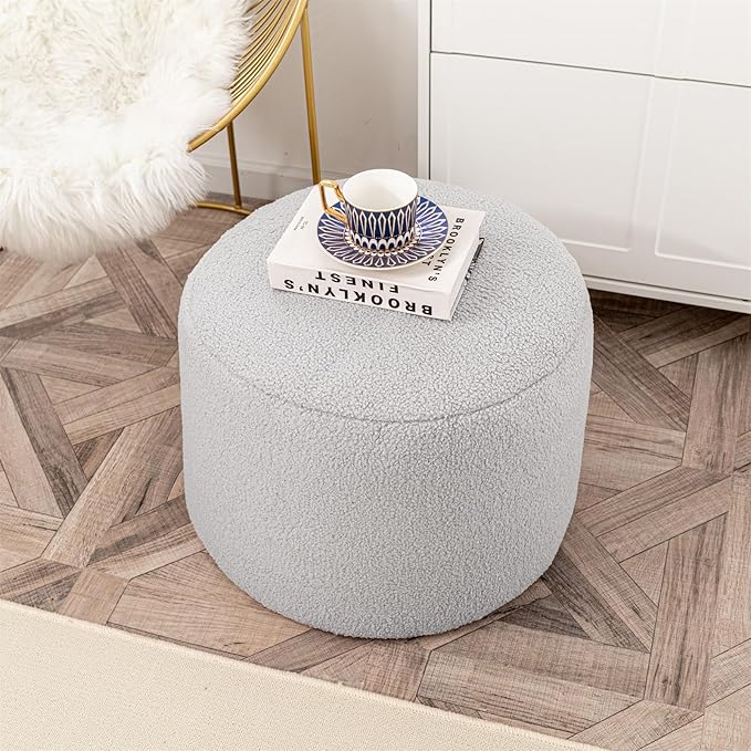 Round Pouf Ottoman 20 x 20 x 14 Inches Boho Poof Home Decor Floor Pouffe Ottoman Foot Rest for Couch Sofa Bean Bag Ottoman Chairs Living Room Bedroom Quiet Grey