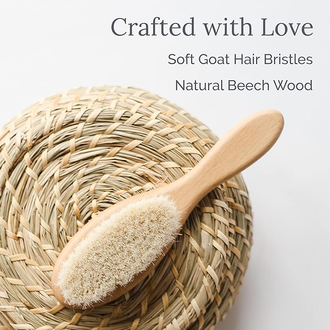 Natemia Soft Bristle Baby Hair Brush - Wooden Toddler & Newborn Grooming Cradle Cap Brush - Baby Comb for Soft Hair - For Infants and Kids - Girl and Boy