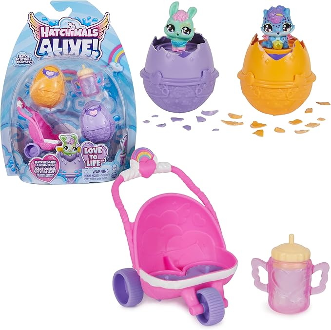 Hatchimals Alive, Hatch N’ Stroll Playset with Stroller Toy and 2 Mini Figures in Self-Hatching Eggs 3 and