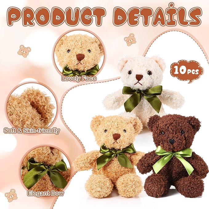 HyDren 6 Pcs Bears Bulk Stuffed Animal Small Bears Baby Shower Bears Plush Toys Employee Appreciation Easter Graduation Gifts(White, Brown