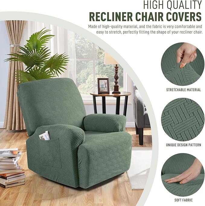 KinCam Recliner Covers, Stretch Reclining Chair Covers, Recliner Sofa Slipcovers Stripe Jacquard Recliner Couch Covers Furniture Protector Covers for Pet Kid (1 Seater, Greyish Green)