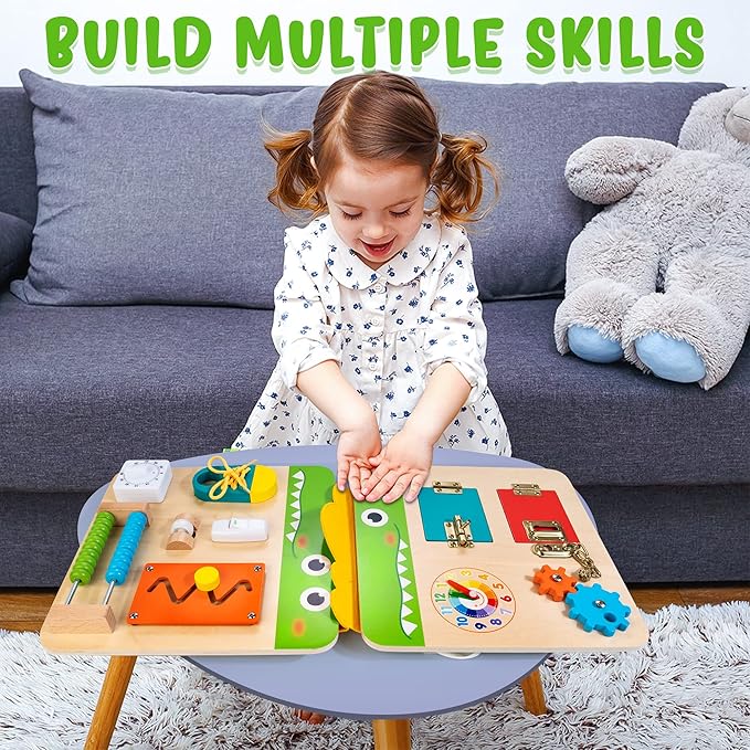 HELLOWOOD Wooden Busy Board for Toddlers 1-3 2-4, Montessori Learning Toy with 19 Eductional Activities