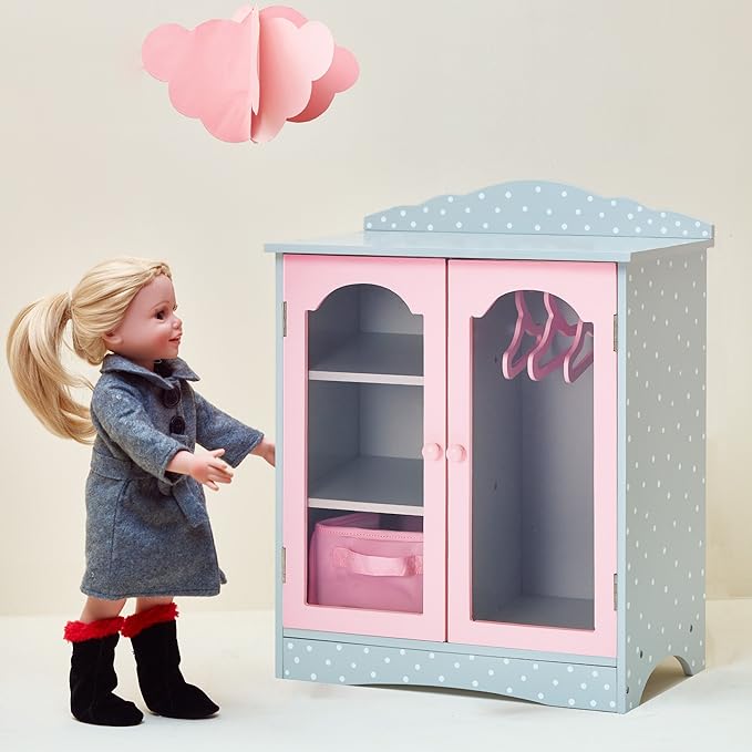 Olivia's Little World Polka Dot Princess Wooden Shaker-Style Double Closet for 18" Doll Wardrobes with Windowed Doors, Three Shelves
