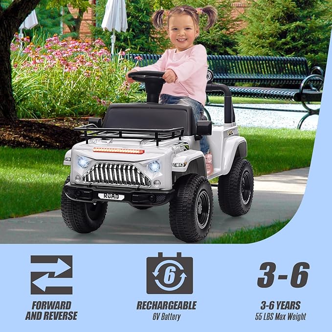Hetoy 6V Ride On Car for Toddlers - Battery Powered Electric Car for Kids with Music, LED Light 4 Wheels 3-6 Years,